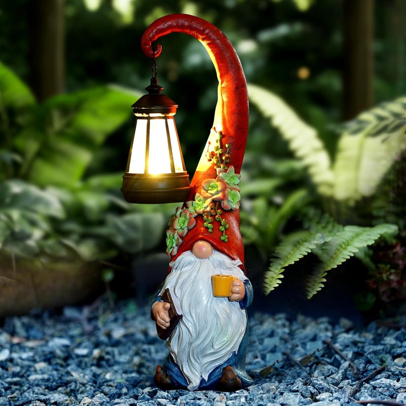 Roundot Store Coffee Gnome Garden Decor Statue Solar-Powered Gnome Ornament Lantern-Lit Courtyard Decoration Birthday Gift for Mom on The Patio - Image 1